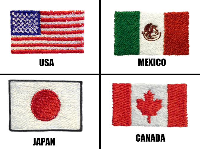 Country flags (USA, Mexico, Japan, Canada)